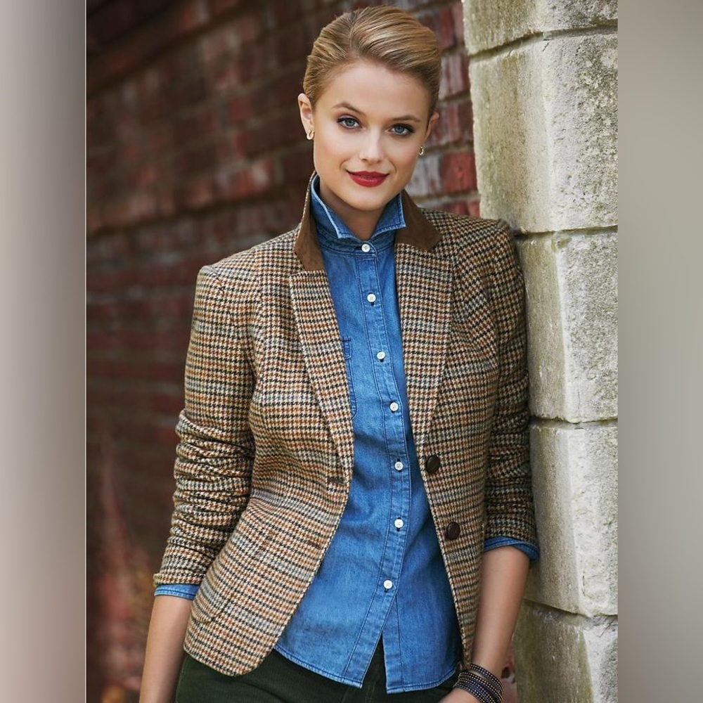 Talbots Wool Blend Brown Houndstooth Elbow Patch Riding Blazer *Plus Size*